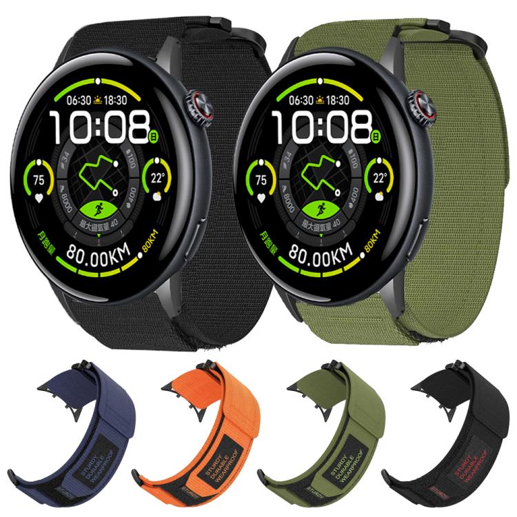 Nylon hook-and-loop watch bands in black, olive green, orange, and blue, shown fitted and loose.