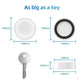 White and black magnetic smartwatch charger shown with dimensions and a key for scale