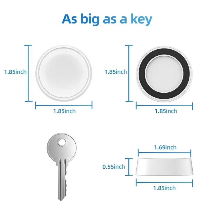 White and black magnetic smartwatch charger shown with dimensions and a key for scale