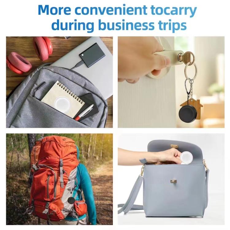 Portable magnetic smartwatch charger shown packed in a bag, hanging from keys and stored in a purse