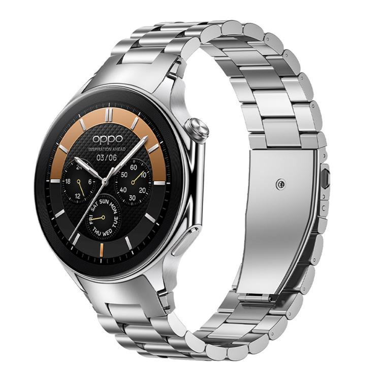 Silver three-bead metal watch band shown attached to a round OPPO watch.