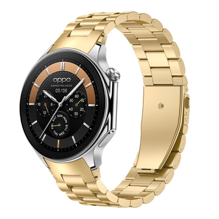 Gold three-bead metal watch band shown attached to a round OPPO watch.