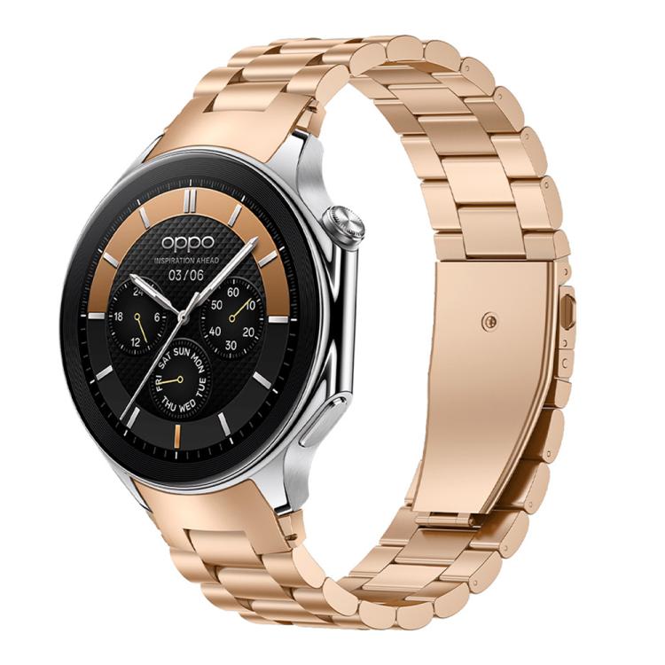 Rose gold three-bead metal watch band shown attached to a round OPPO watch.