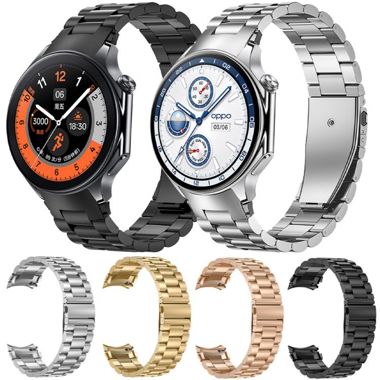 Three-bead metal watch band shown in black, silver, gold, and rose gold, with two watches fitted.