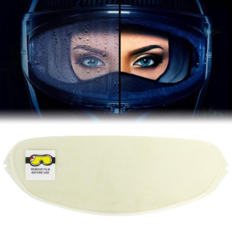 Anti-fog helmet visor lens film, off-white oval with “remove film before use” label
