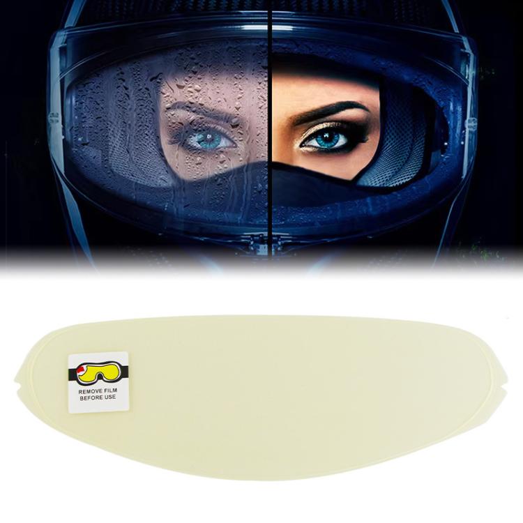 Anti-fog helmet visor lens film, pale cream oval with “remove film before use” label