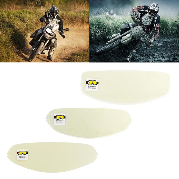 Set of anti-fog visor lens films, pale cream oval sheets with small “remove film before use” labels