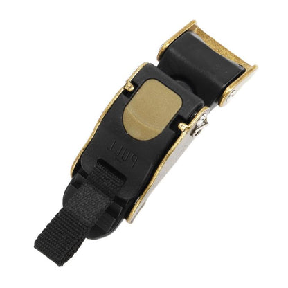 Motorcycle helmet quick-release buckle clip with black strap and copper-plated buckle