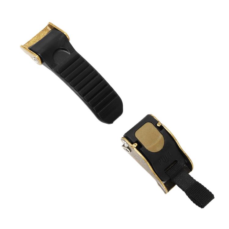 Motorcycle helmet quick-release buckle clip with black strap and copper top latch