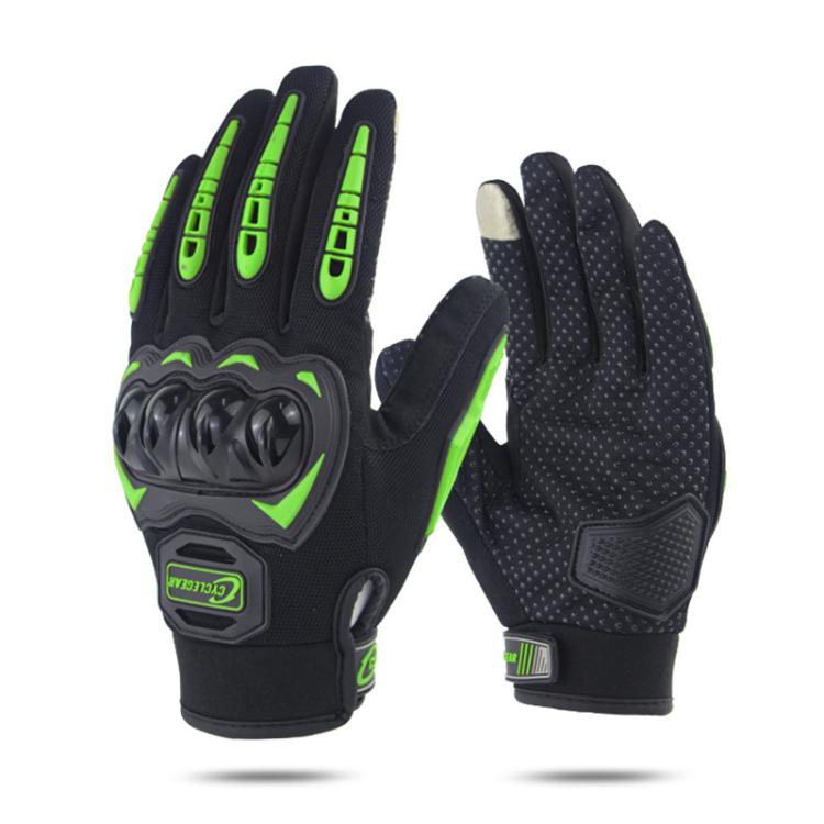Motorcycle riding anti-slip full-finger gloves, black with green accent stripes