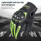 Black motorcycle riding glove with neon green accents and glossy knuckle protection
