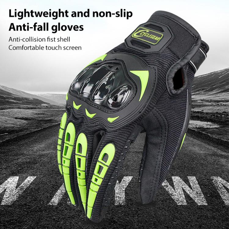 Black motorcycle riding glove with neon green accents and glossy knuckle protection