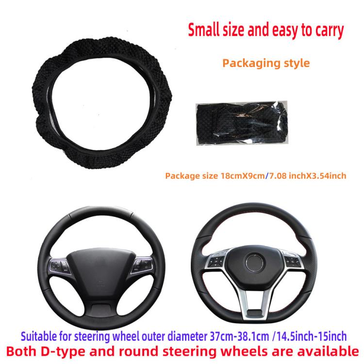 Black steering wheel cover shown with its slim storage packaging