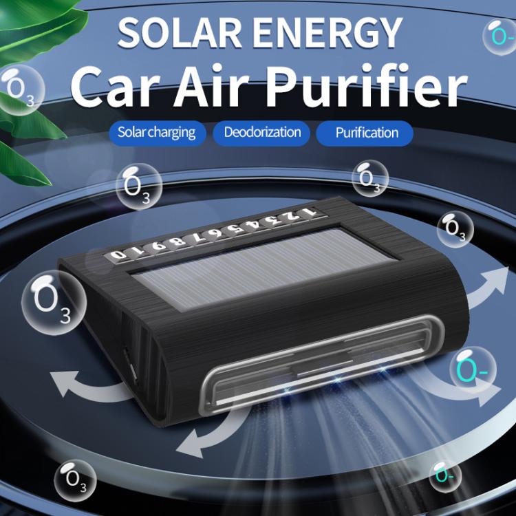Solar car air purifier on dashboard, black solar panel and front air vent