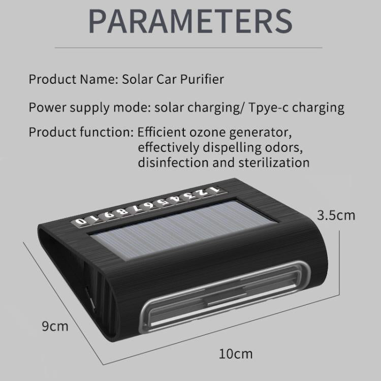 Solar car purifier, black device with solar panel and vented air outlet, size shown