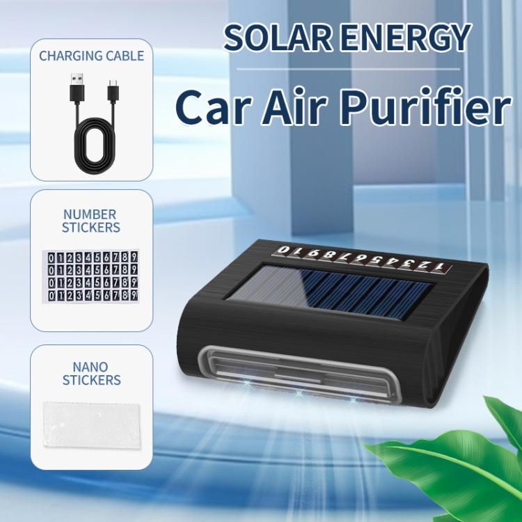 Solar energy car air purifier, black body with solar panel and front vent