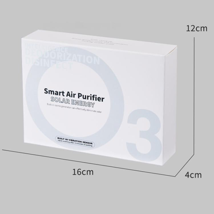 Smart solar air purifier box packaging, white with product label and size markings