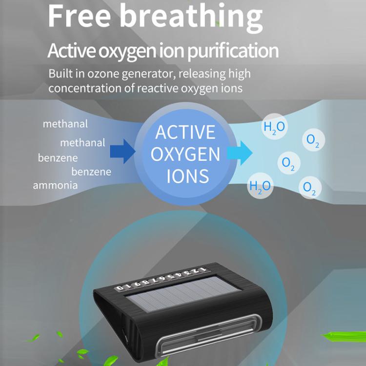 Solar car air purifier with solar panel and front vent for active oxygen ion purification