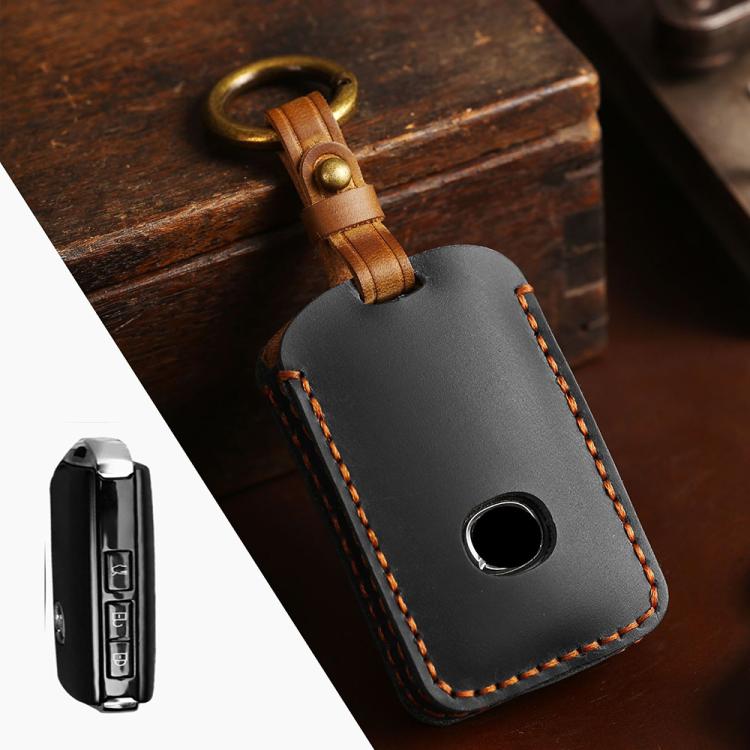Leather car key protection cover, black with orange stitch, with key ring and strap loop