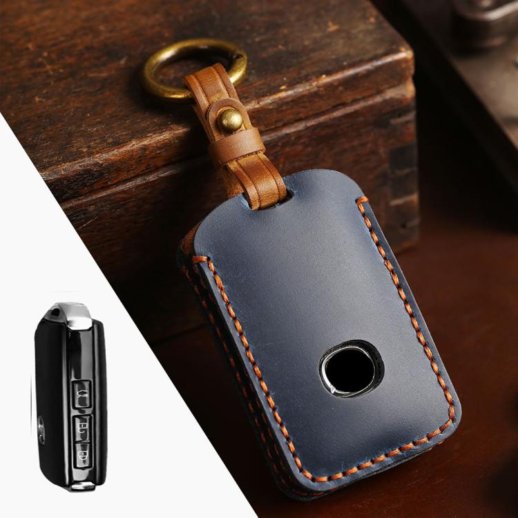 Leather car key protection cover, dark blue with orange stitch, key ring and strap loop