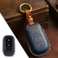 Blue leather key fob protection cover with 2-button remote and key ring