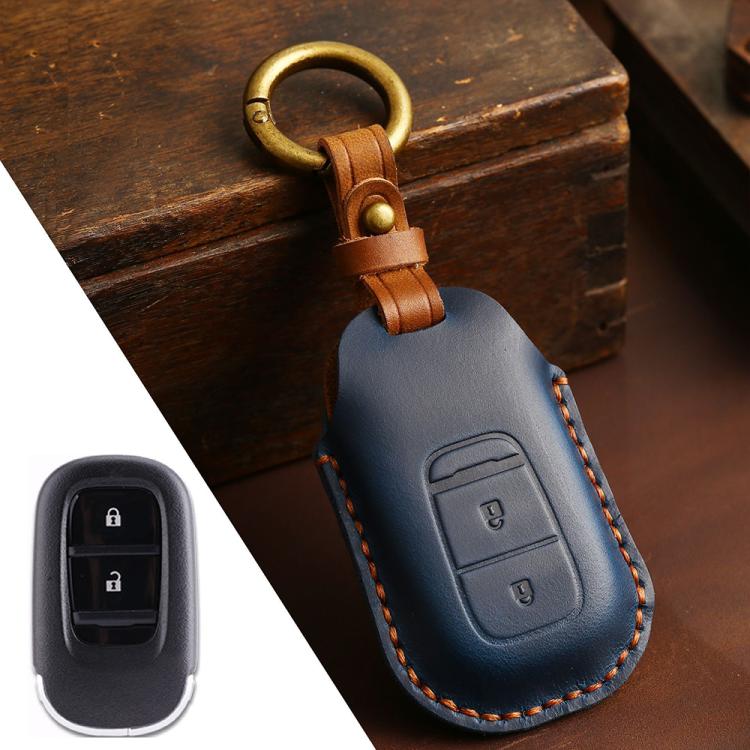 Blue leather key fob protection cover with 2-button remote and key ring