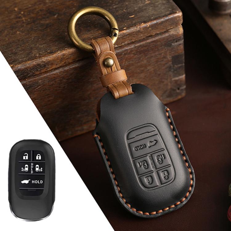 Black leather key fob protection cover with 5-button remote and key ring