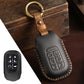 Black leather key fob protection cover with 6-button remote and key ring