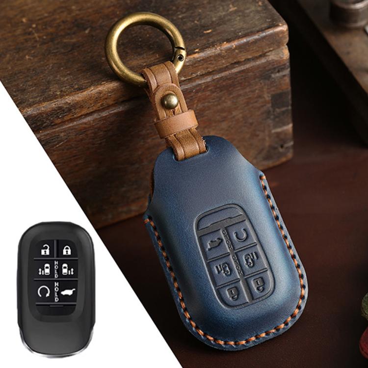 Blue leather key fob protection cover with 6-button remote and key ring