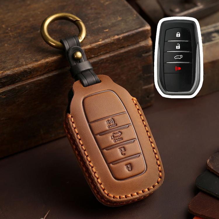 Crazy Horse cowhide car key protection cover, brown, keyring, stitched edges, 4-button panel