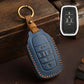 Crazy Horse cowhide car key protection cover, blue, keyring, stitched edges, multi-button panel