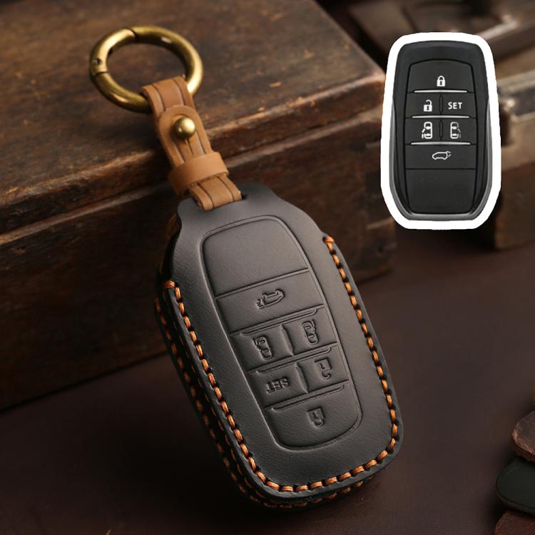 Crazy Horse cowhide car key protection cover, dark gray, keyring, stitched edges, multi-button panel