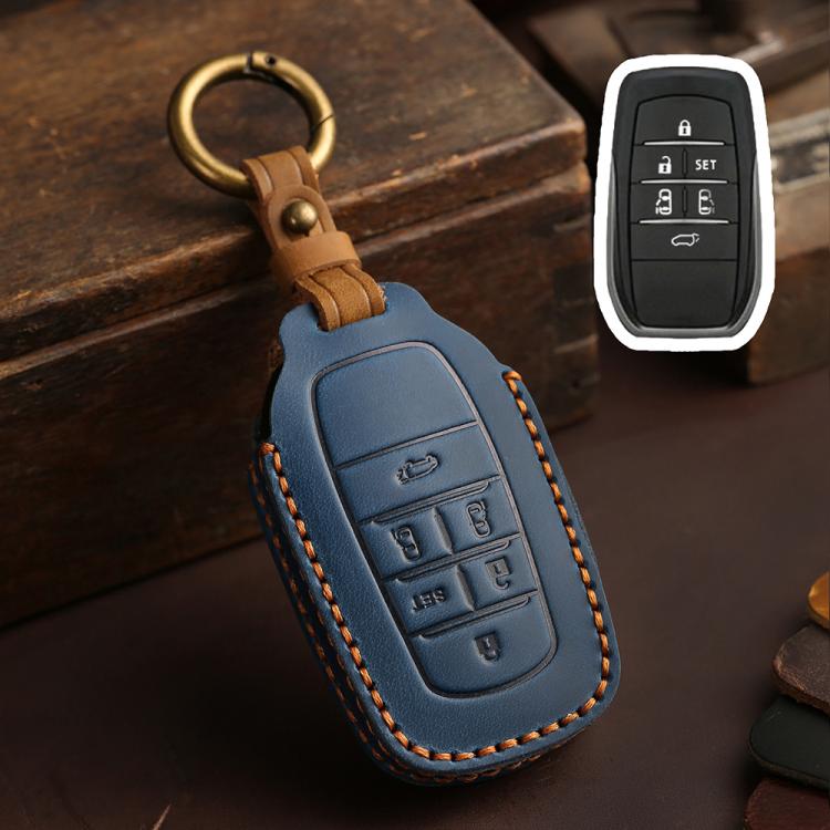 Crazy Horse cowhide car key protection cover, blue, keyring, stitched edges, multi-button panel