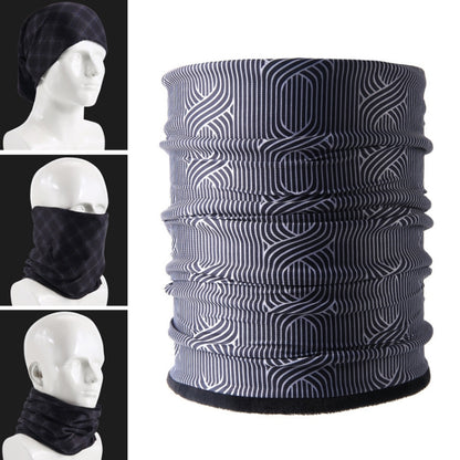 Windproof fleece hood scarf with dark-blue and light-blue striped swirl pattern