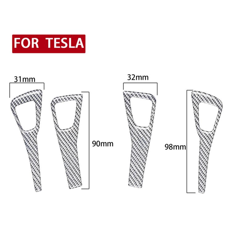 Four carbon fiber door switch trim pieces with size guide for Tesla door switches