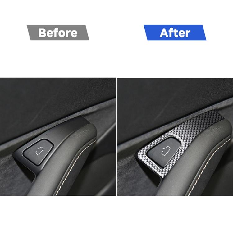 Before-and-after view of carbon fiber door switch trim sticker on dark door handle panel