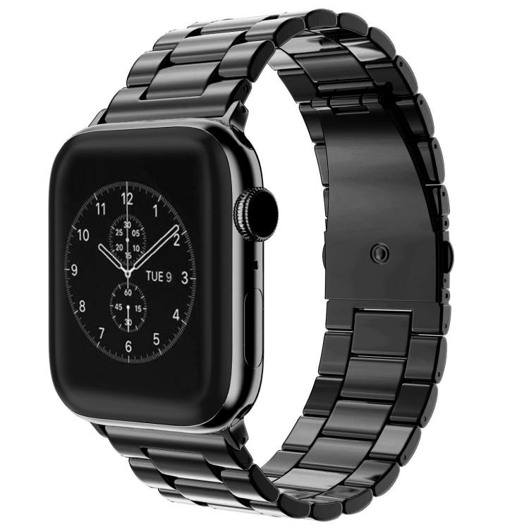 Black stainless steel link watch band with fold-over buckle, shown on a smartwatch