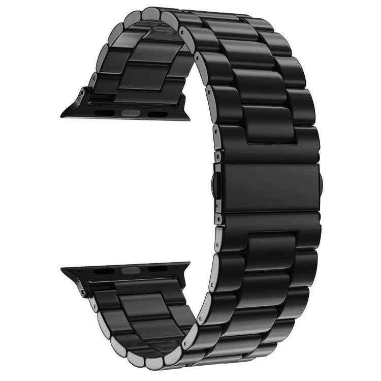 Black stainless steel watch band with linked bracelet and fold-over buckle