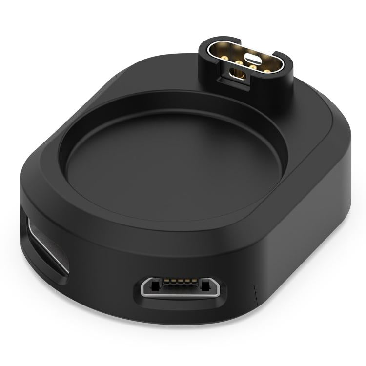 Black smartwatch charging adapter showing four contacts and a Micro USB port