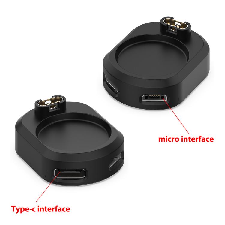 Black smartwatch charging adapter shown with USB-C and Micro USB ports