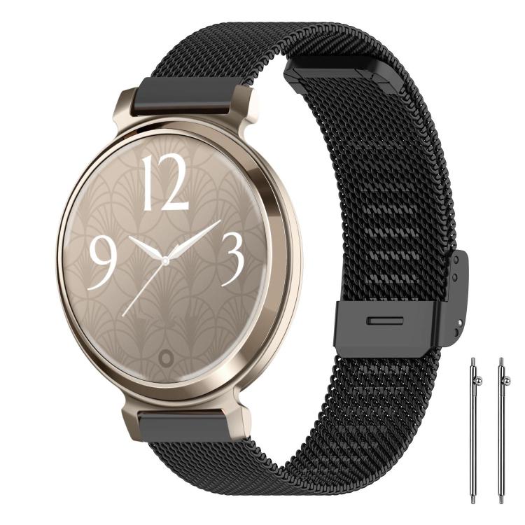 Black metal mesh watch band with round patterned smartwatch and two spring bars