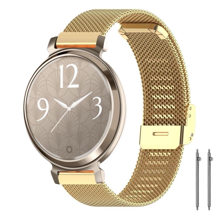 Gold metal mesh watch band with round patterned smartwatch and two spring bars
