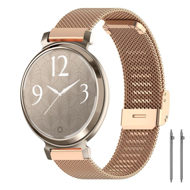 Rose gold metal mesh watch band with round patterned smartwatch and two spring bars