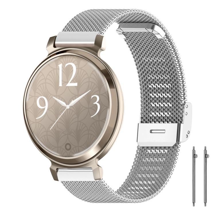Silver metal mesh watch band with round patterned smartwatch and two spring bars