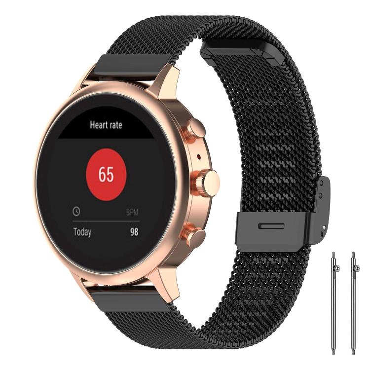 Black metal mesh watch band fitted to a rose gold smartwatch