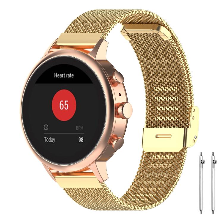 Gold metal mesh watch band fitted to a rose gold smartwatch