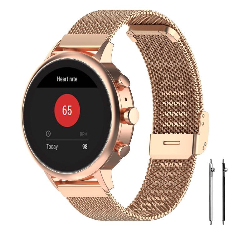 Rose gold metal mesh watch band fitted to a rose gold smartwatch