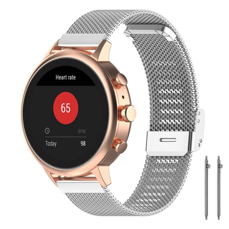 Silver metal mesh watch band with rose gold smartwatch and two spring bars