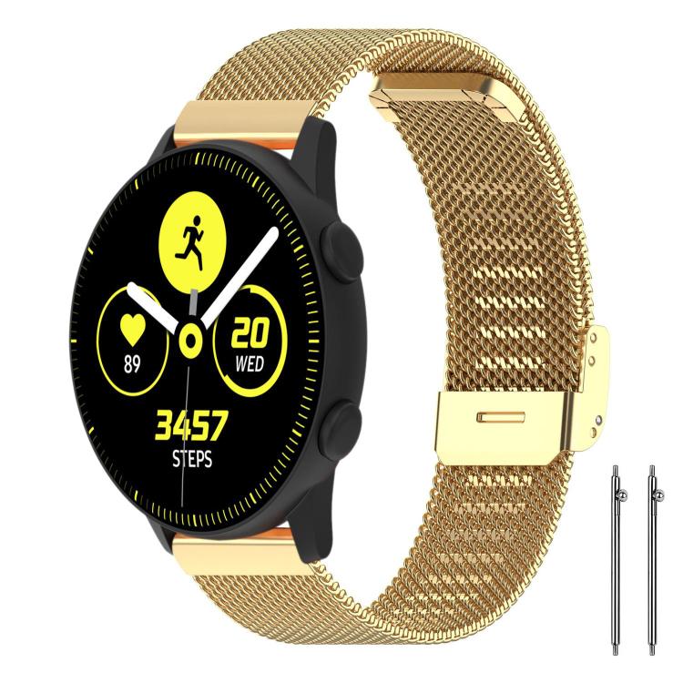 Gold metal mesh watch band with black fitness smartwatch and two spring bars