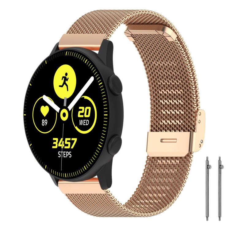 Rose gold metal mesh watch band with black fitness smartwatch and two spring bars